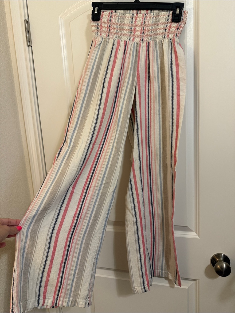 Smocked Waist Wide-Leg Pants in Cream Multi Stripe